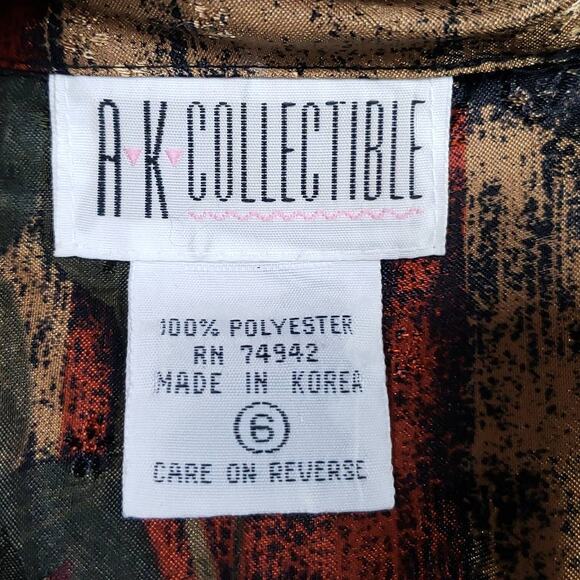 Vintage High Neck Gold Red Green Polyester Blouse Sz 6 - Picture 12 of 14